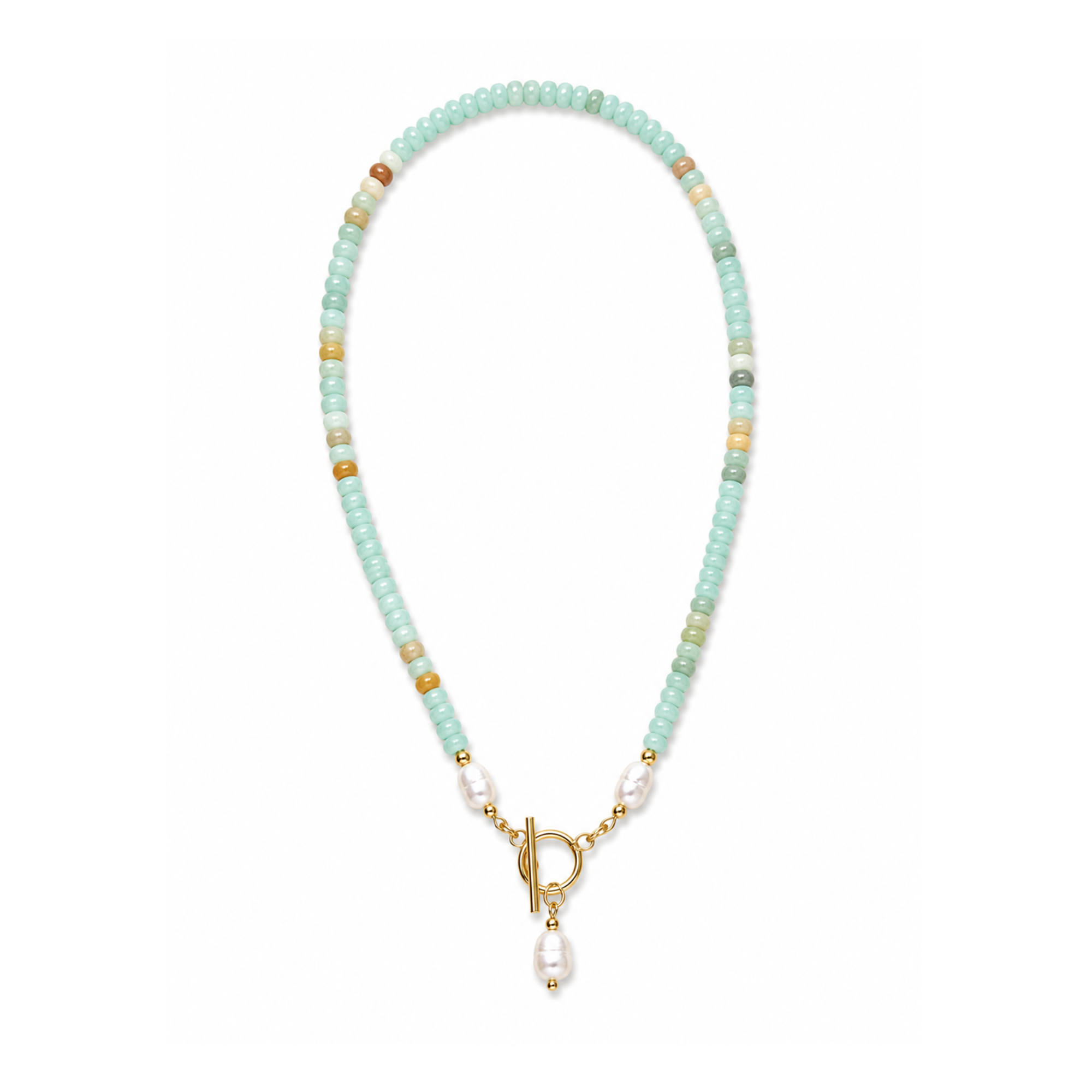 A beaded necklace featuring light mint green round beads, small white pearl-like beads, and scattered gold and brown accent beads, finished with a gold toggle clasp and a dangling white pearl charm, shown on a plain white background.
