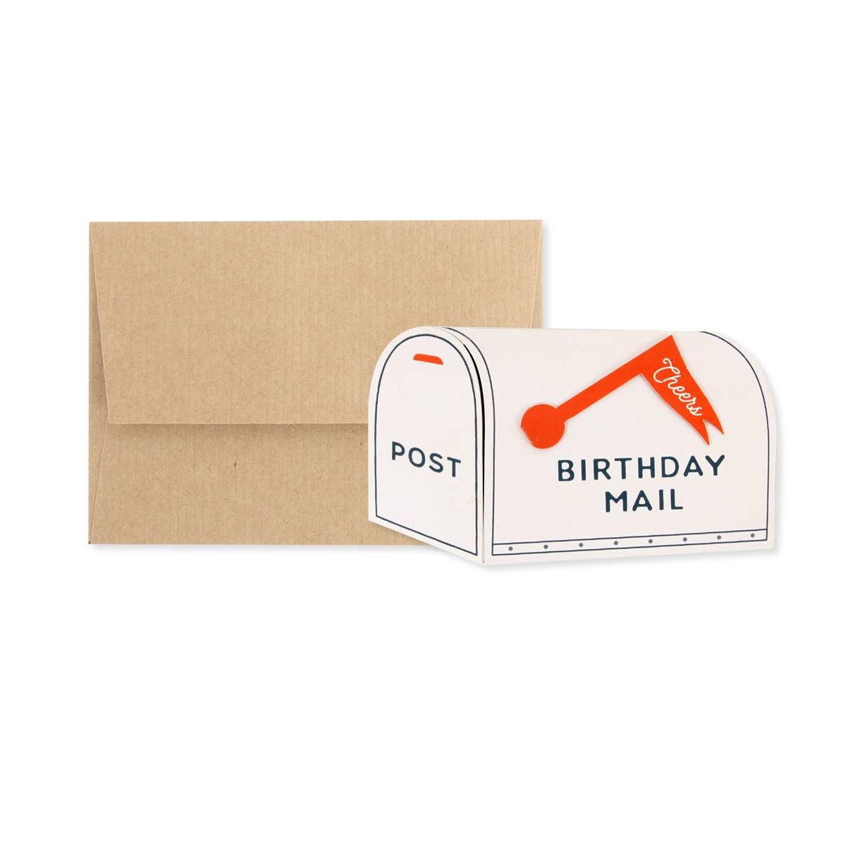 Card with 'Birthday Mail' design and a brown envelope on a white background