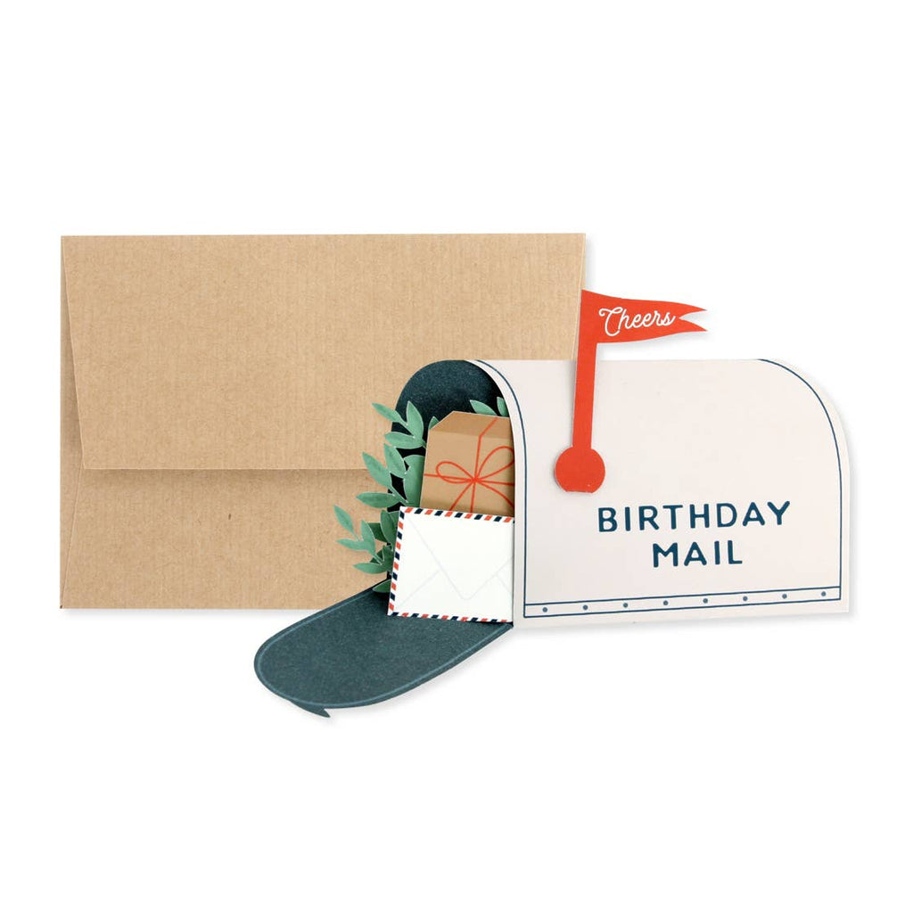 Mailbox-shaped birthday card with 'Birthday Mail' text and a small gift box inside, on a white background.