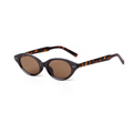 Oval sunglasses with a glossy black frame, brown tinted lenses, and tortoises hell-patterned temples on a solid white background.