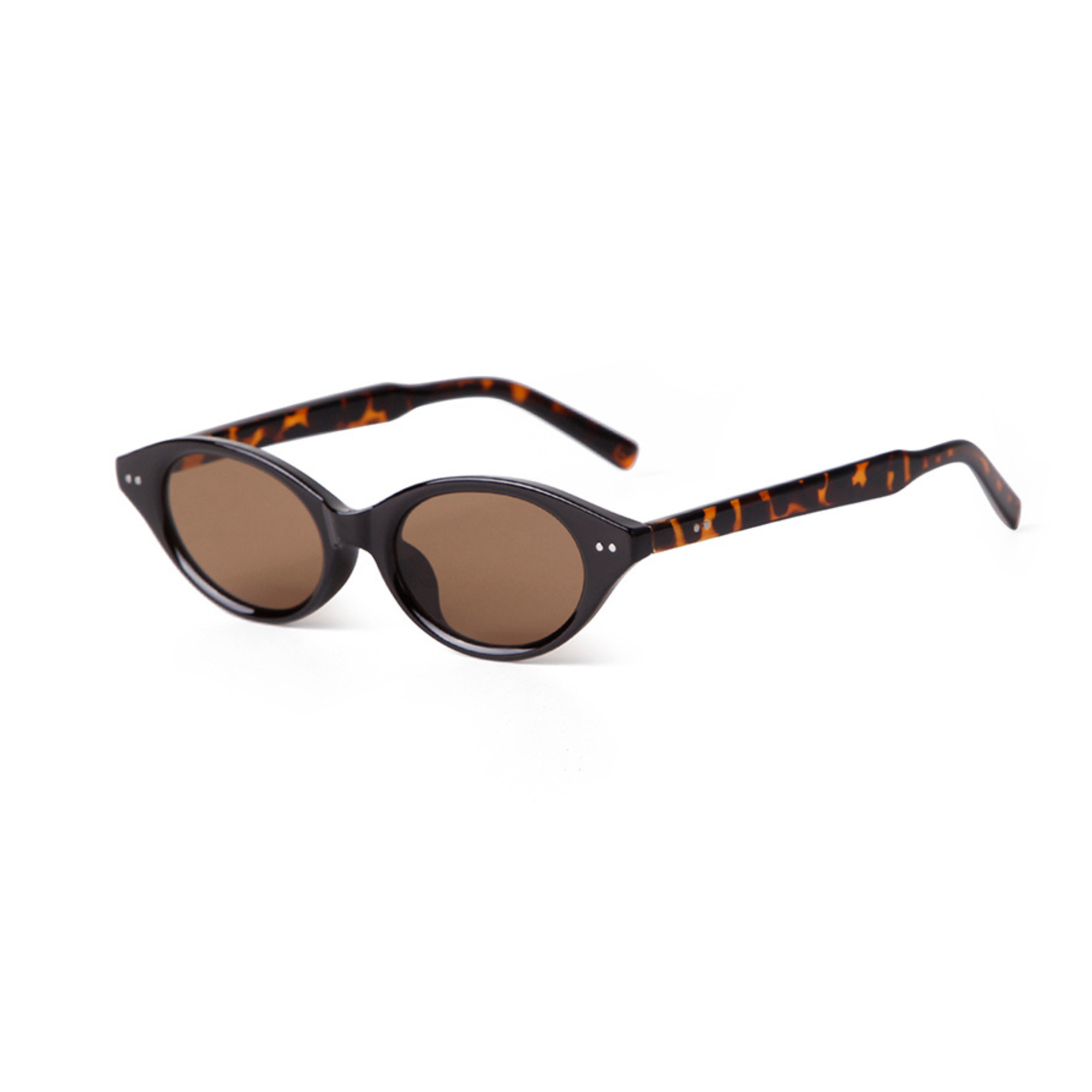 Oval sunglasses with a glossy black frame, brown tinted lenses, and tortoises hell-patterned temples on a solid white background.