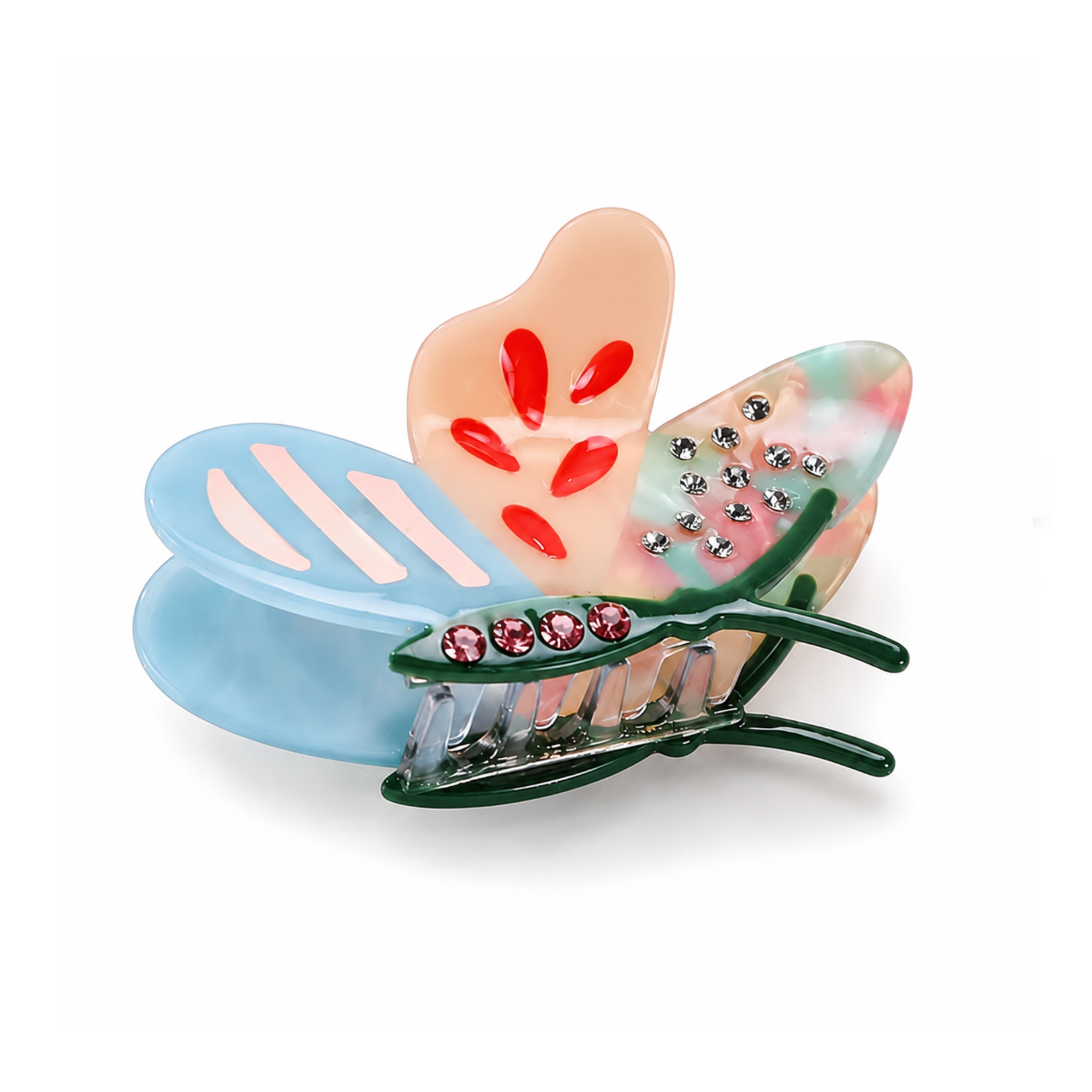 A butterfly-shaped hair claw clip on a white background. The clip features translucent wings in light blue, peach, and pastel green with red and silver rhinestone accents, and dark green metal spring claws.