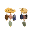 A pair of gold cloud-shaped dangle earrings with hanging polished gemstone beads in brown, pink, blue, green, and black, shown on a plain white background.