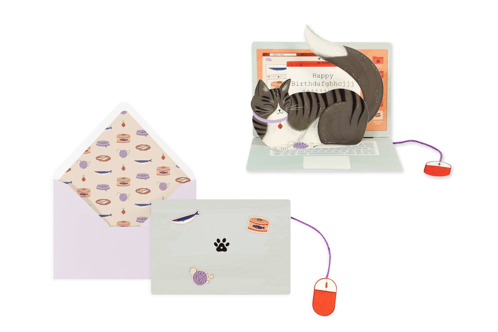 Set of greeting cards with cat illustrations and an envelope on a white background