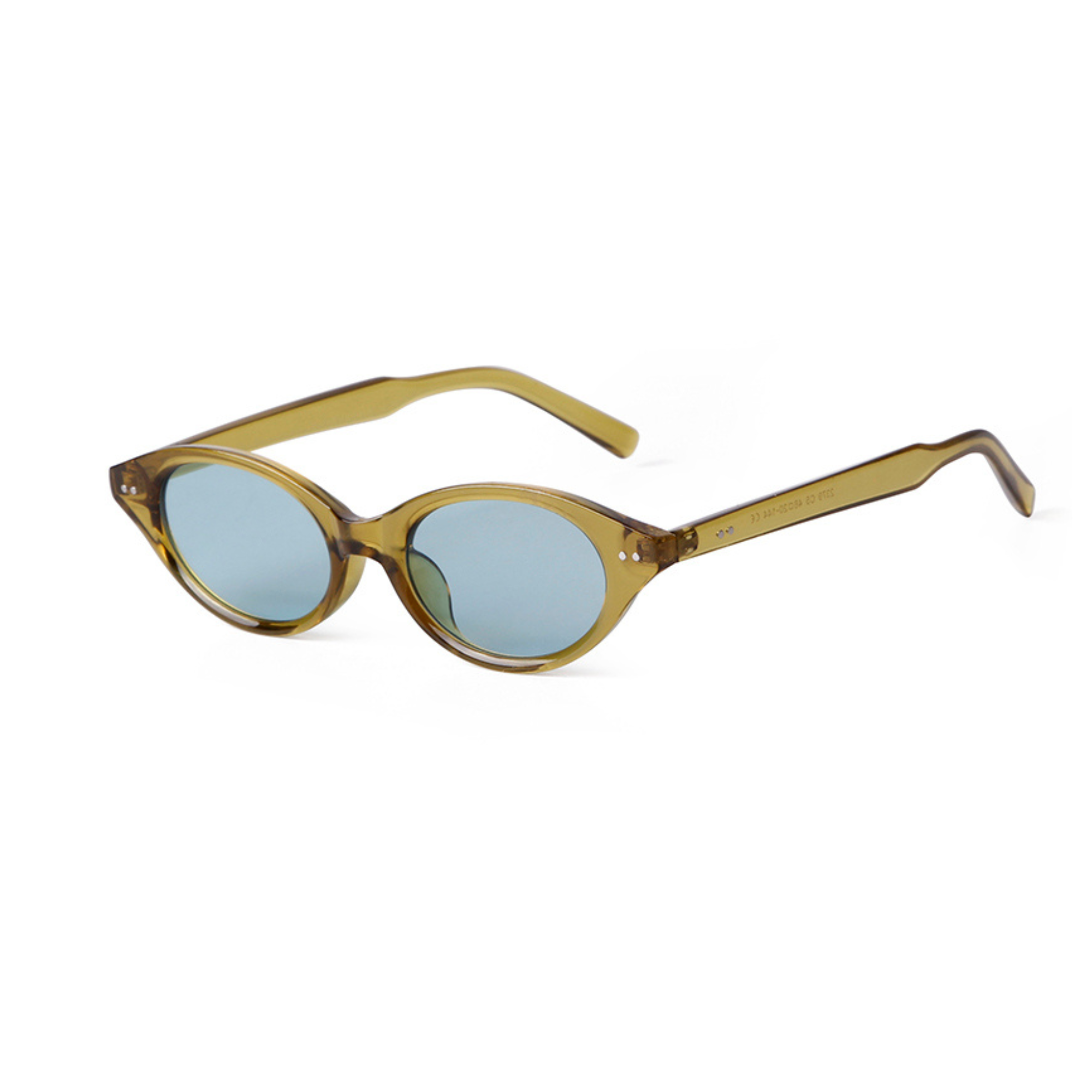 Oval sunglasses with a translucent olive-brown acetate frame and light blue mirrored lenses, shown on a plain white background.