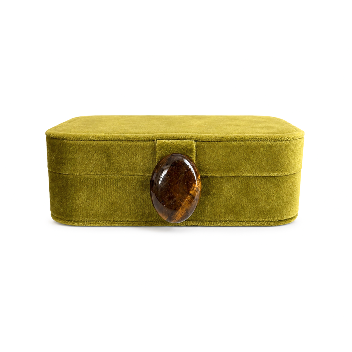 An olive green velvet rectangular box with a polished brown tiger's eye stone clasp on the front, set against a plain white background.