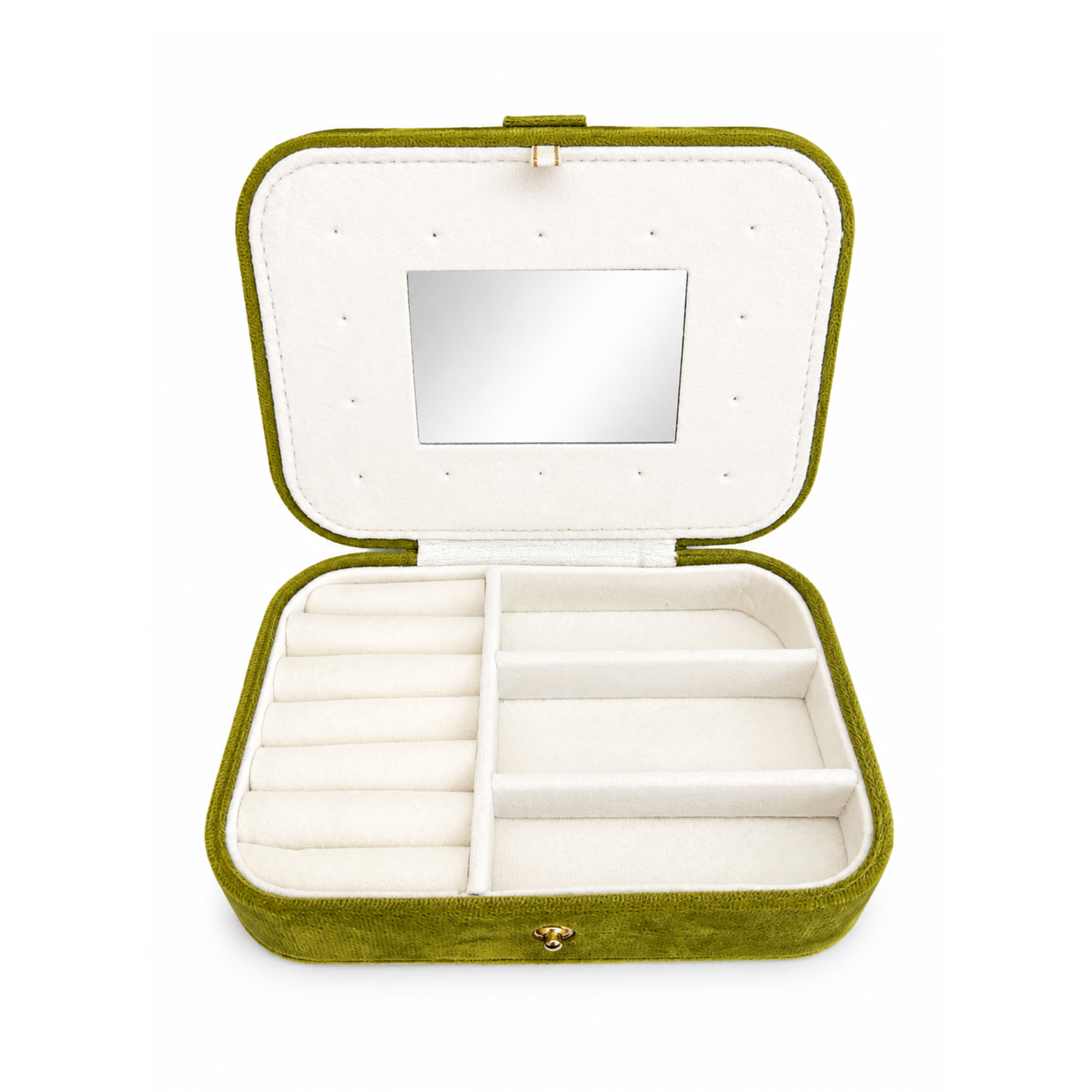 An open square jewelry box with an olive green velvet exterior and cream-colored felt interior. The interior features multiple compartments, a small mirror on the inside lid, and a small gold clasp at the bottom front.