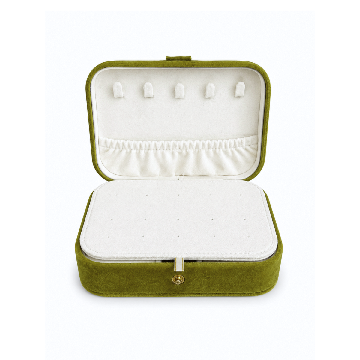 An open olive green velvet jewelry box with a white felt interior, featuring five earbud hooks on the inside lid, a ring roll, and a padded compartment on the base.