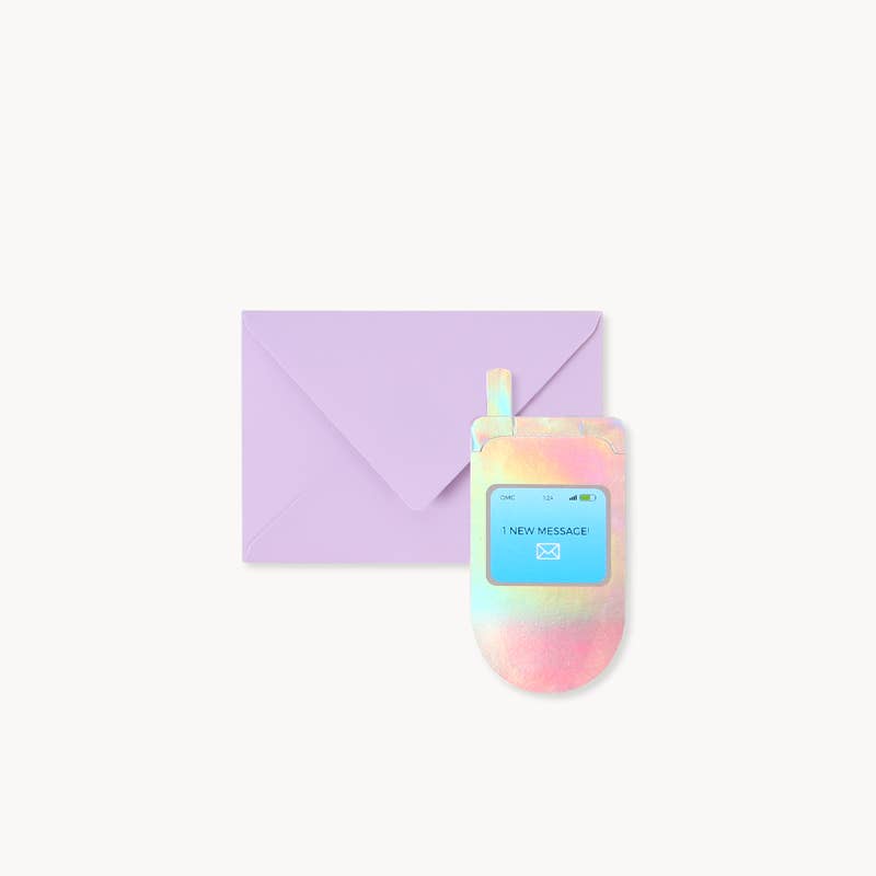 Colorful phone-shaped object with a screen displaying 'New Message' next to a purple envelope on a white background.