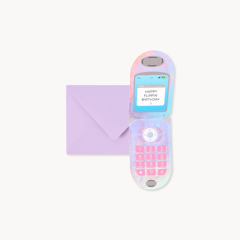 Pastel-colored flip phone with a birthday message on a white background
