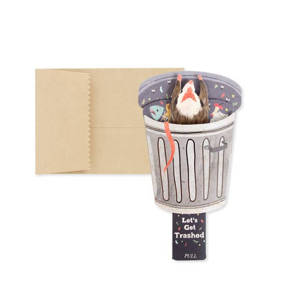 Cat toy shaped like a trash can with a possum inside on a white background