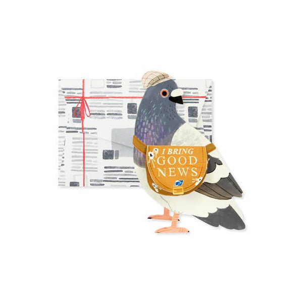 Pigeon figure holding a newspaper with 'I Bring Good News' text on a white background