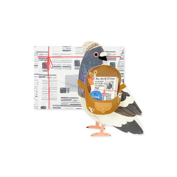 Messenger pigeon with newspaper on a white background