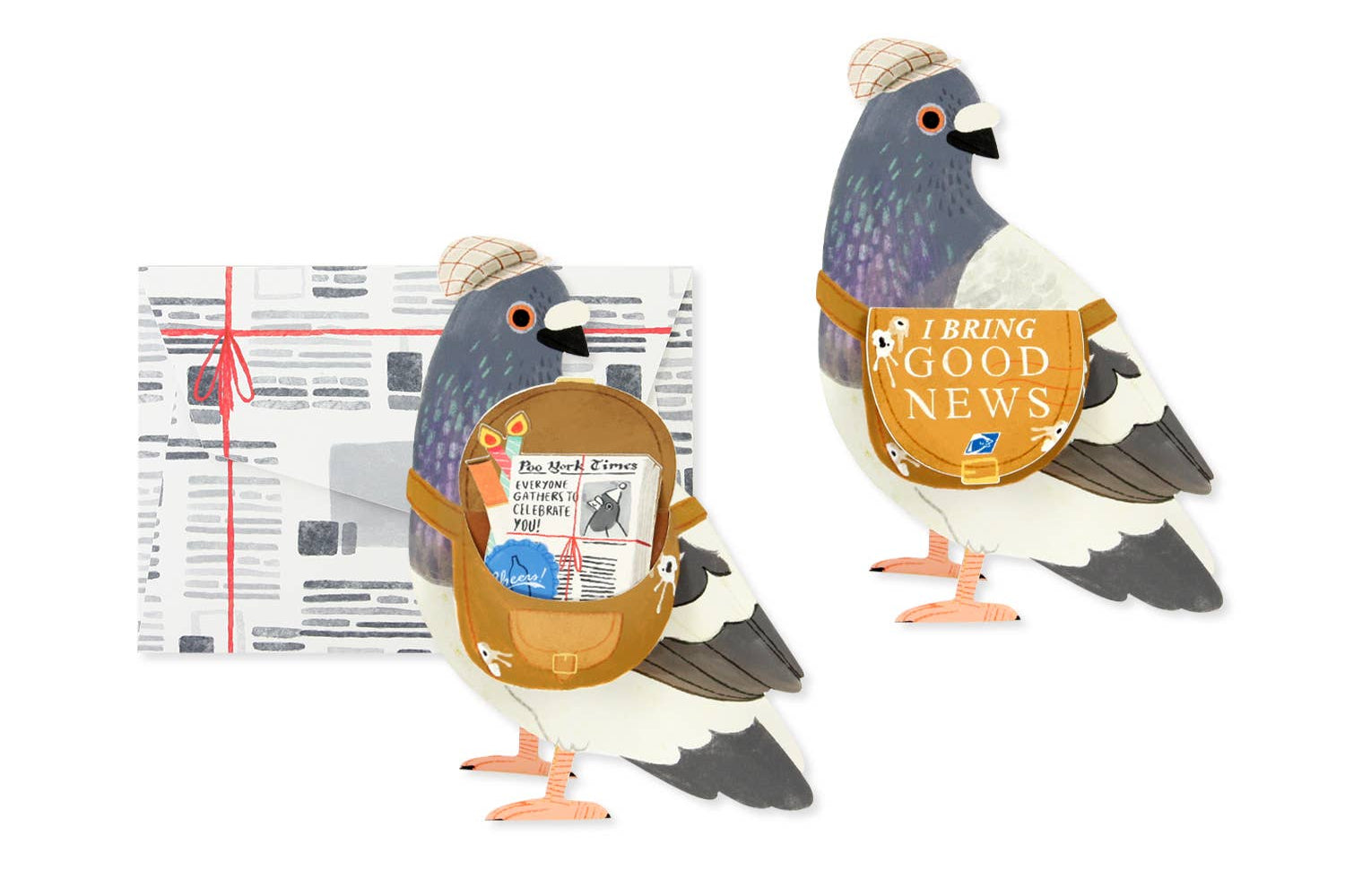 Two decorative paper pigeons with newspaper and 'bring good news' messages on a white background