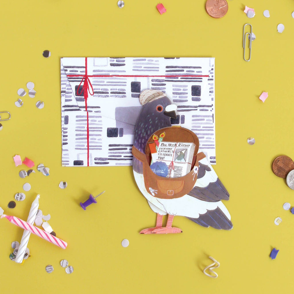 Illustration of a pigeon holding a newspaper with confetti on a yellow background