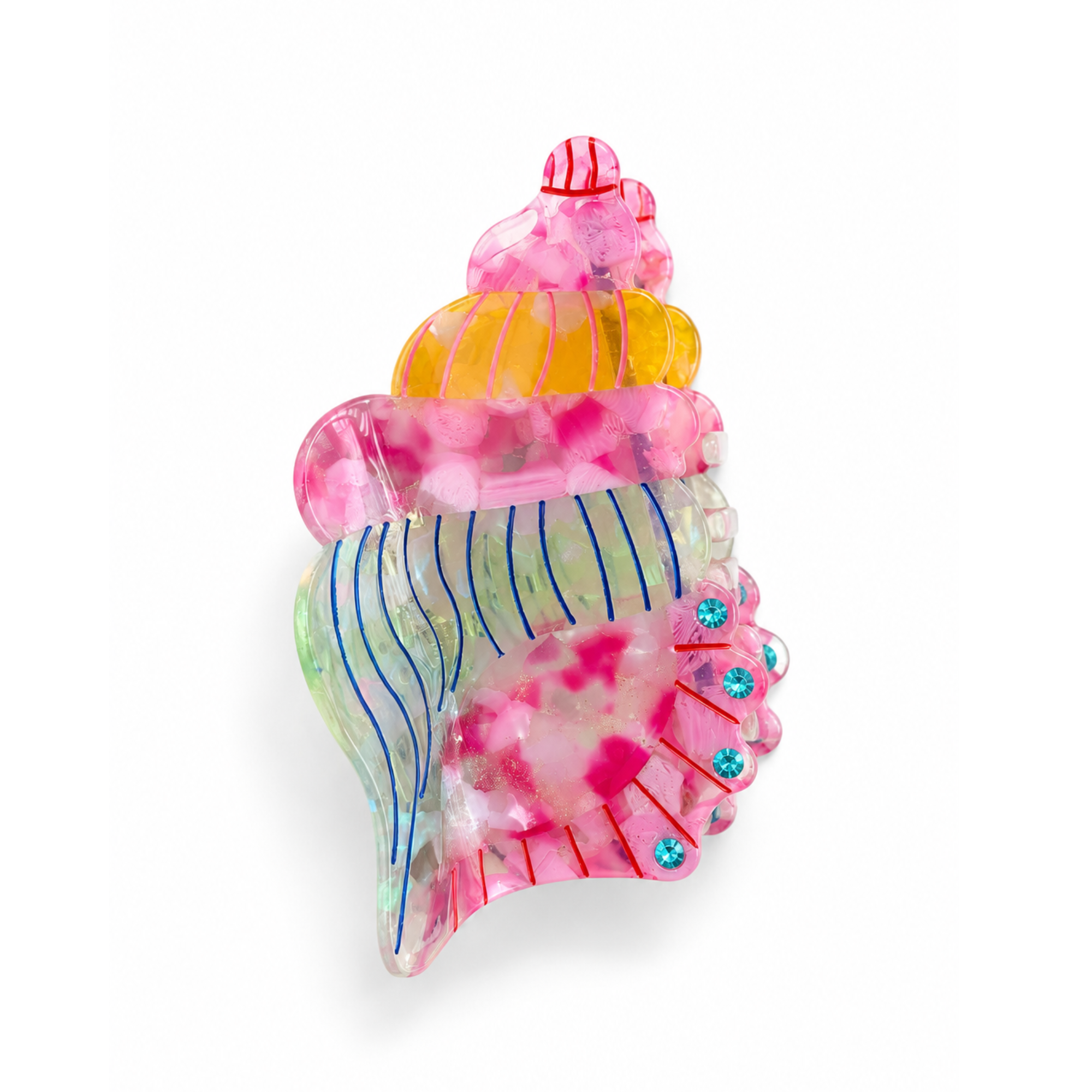 A translucent seashell-shaped hair claw clip in a vibrant multicolor design, featuring pink, yellow, blue, and green swirls with rhinestone accents, set against a plain white background.